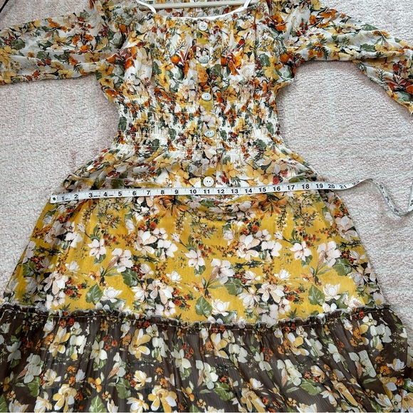 Fig and Flower Multicolor Autumn Floral Maxi Dress Tiered 3/4 Sleeves Medium - Picture 7 of 14